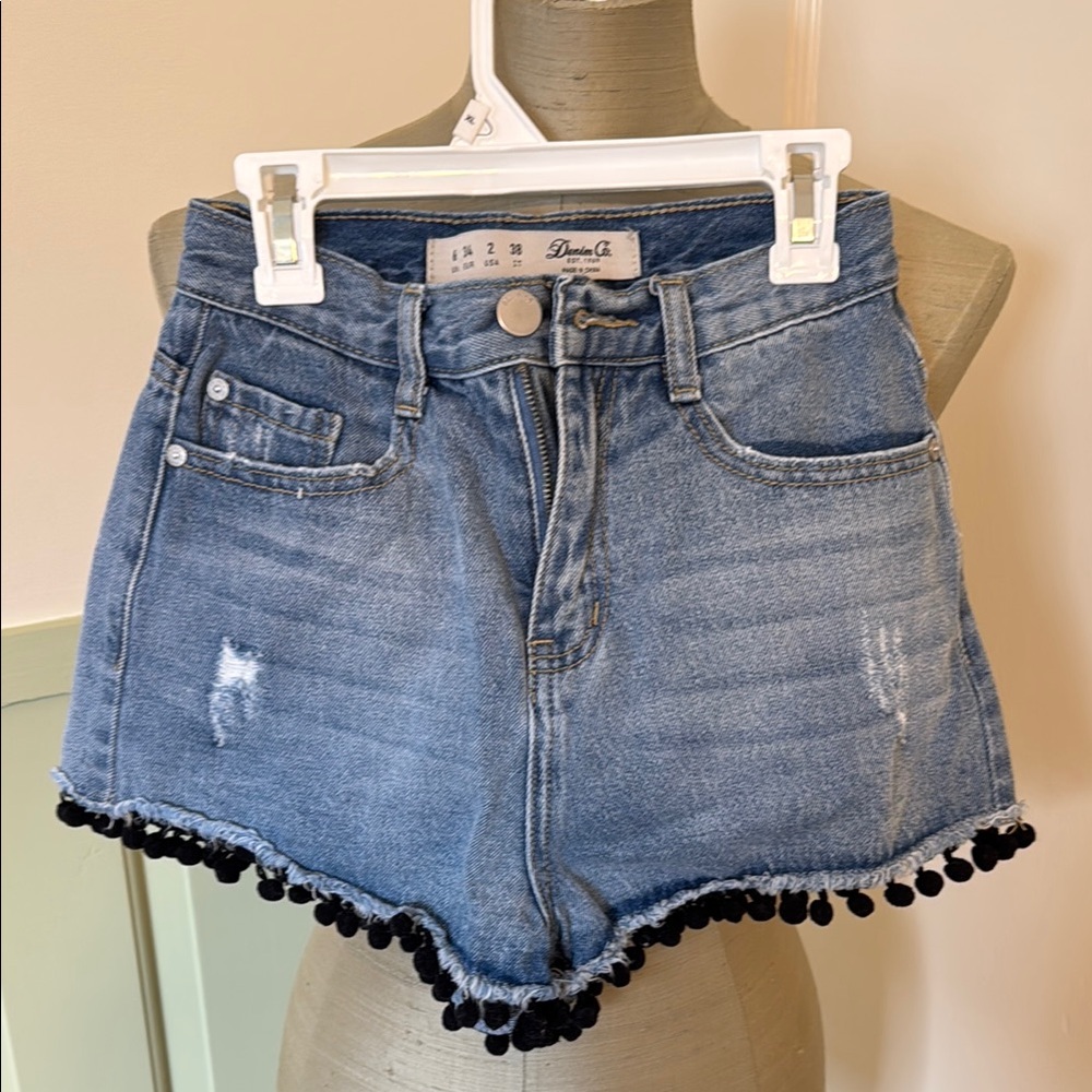 Denim&Co Women's Blue Denim Shorts with Black Pom Pom Trim